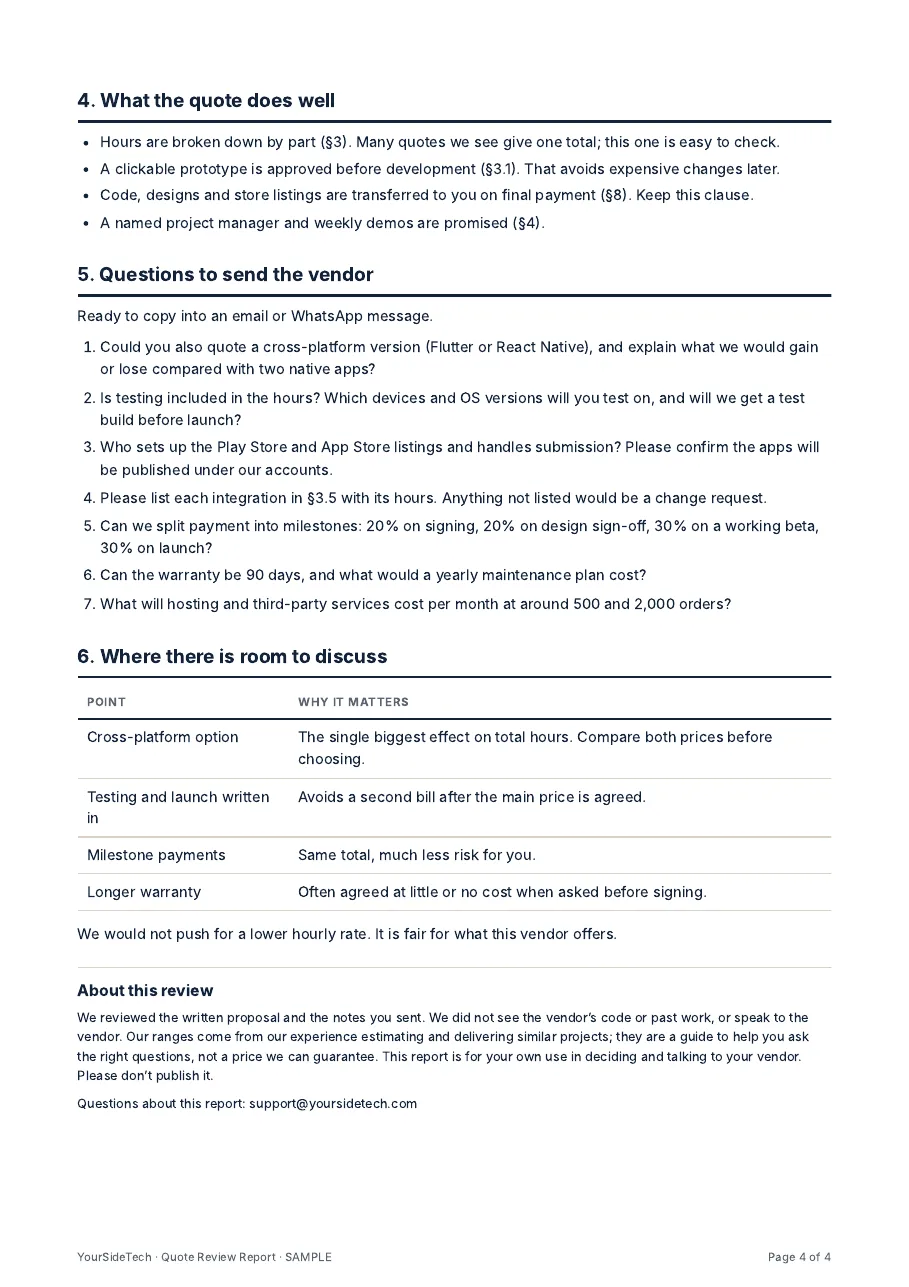 Page 4: what the quote does well, questions to send the vendor, and where there is room to discuss